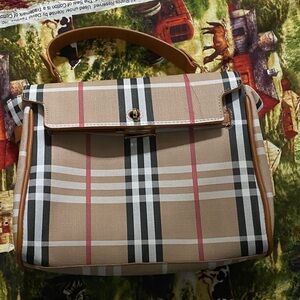 Plaid Top Handle Shoulder Bag – Brown Check Pattern – Faux Leather Trim